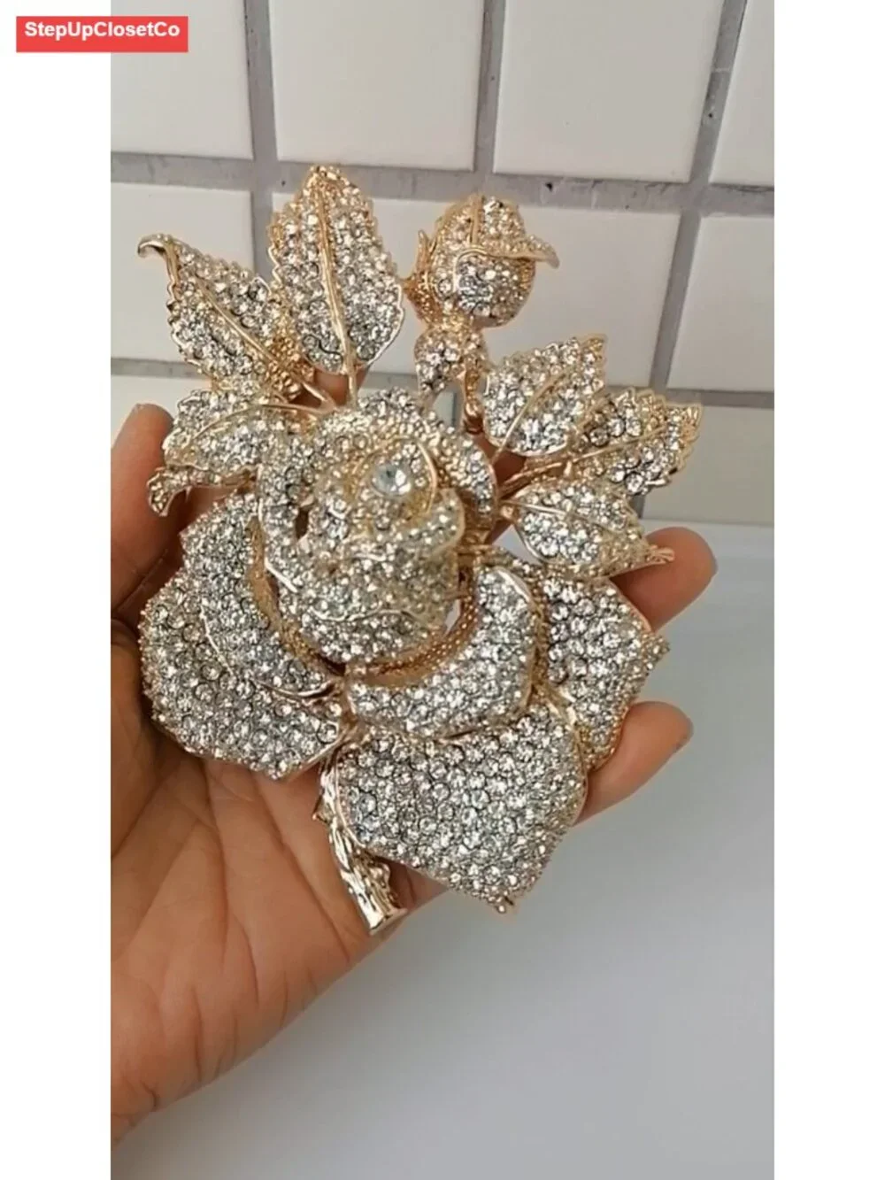 Large Wedding Rose Brooch Pin Austrian Crystal Pendant Rhinestone 5.32
